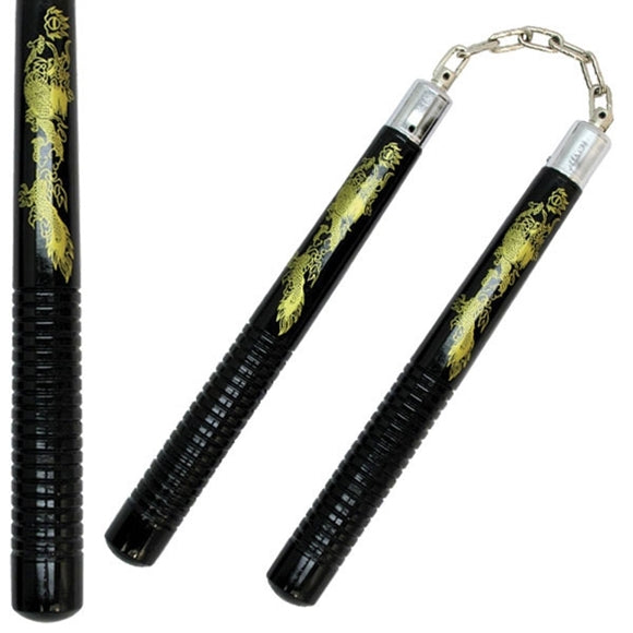 NR-060: Nunchaku Black Wood Gold/Dragon