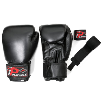 Boxing Gloves Leather - With Free Boxing Wraps - Black - 4oz