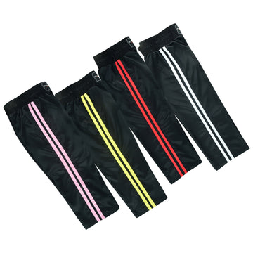 Kids Full Contact Black Satin Kickboxing Pants With Stripes