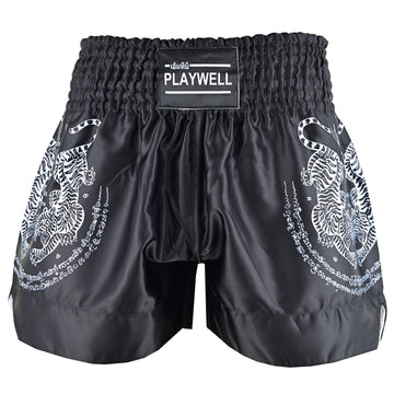 Twin Tiger Satin Muay Thai Competition Fight Shorts - Black/Whit